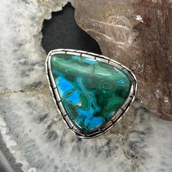 Sterling Southwestern Style Triangular Malachite Chrysocolla Ring S 9 For Women - Picture 1 of 10